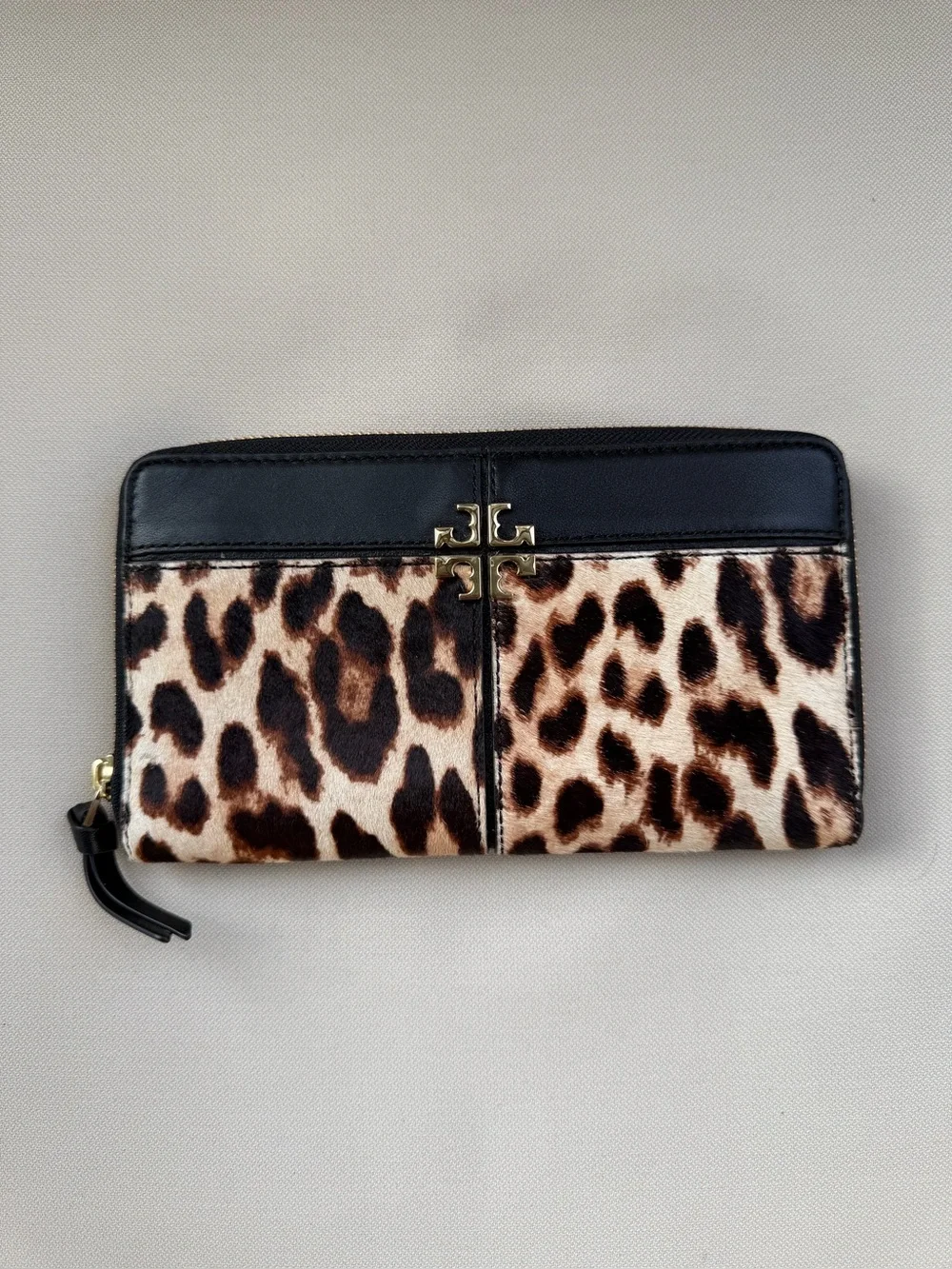 Tory Burch Leopard Print Zip Around Wallet with Black Trim and Gold Logo